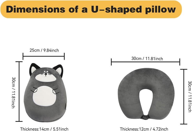 stocaggio Kids Travel Pillow - 2-in-1 Deformable Kids Neck Pillow for Traveling, Soft U-Shaped Pillow with Adorable Animal Design, Comfy Sleep and Play, Ideal for Airplanes and Cars - Gray Husky - Image 5